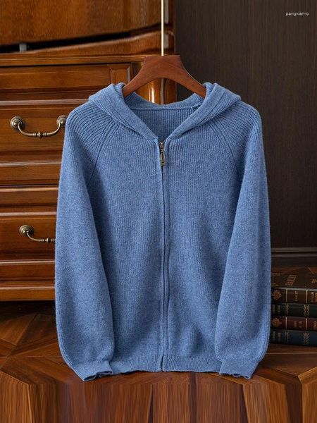 Herrenpullover High-End-Cardigan mit Kapuze, reiner Wollpullover, einfarbig, Herbst- und Wintermantel, bequem, weich, passend