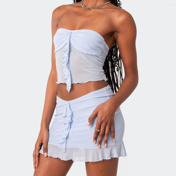 Vestidos de trabalho femininos saias de verão roupas azuis babados barco pescoço sem alças sem costas malha tubo tops saia curta 2 peças conjunto de roupas