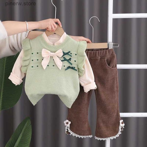 Kleidung Sets Kinder Frühling Kleidung 2024 Neue Koreanische Stil Casual Gestrickte Pullover Weste + T-shirts + Hosen Kinder Anzug baby Mädchen Outfit Sets