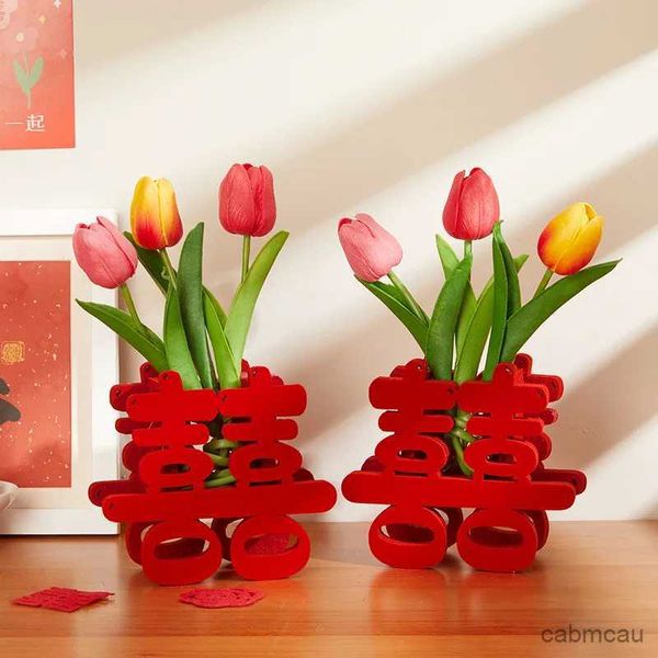 2 pezzi vasi creativi ornamenti per vasi decorazioni per matrimoni cinesi decorazioni 3D rosso xi / forma di fiore feltro artigianato vaso retrò layout della stanza delle feste a casa
