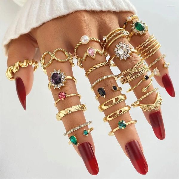 Cluster-Ringe EN Bohemian Lila Grün Kristall Zirkon Perle Für Frauen Geometrische Finger Set Ring Mode Schmuck Geschenke