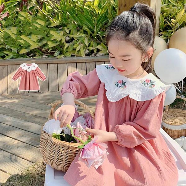 Abiti da ragazza Abiti da ragazza Primavera Bambini Versione coreana Fiore ricamato Colletto in pizzo Pastorale Principessa Abbigliamento per bambini