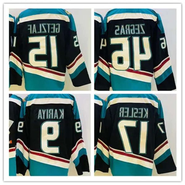 Maglie da hockey Trevor Zegras 46 Ryan Getzlaf 15 Kesler 17 Teemu Selanne 8 Paul Kariya 9 Maglia Nuova alternativa Nero Teal Taglia S-Xxxl Cucita 14