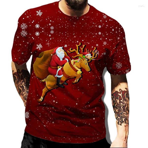 Herren-T-Shirts, Weihnachtsmann-Muster, T-Shirt, Elch-Druck, Mann, kurzärmelig, frohe Weihnachten, Rot, lässige lockere Kleidung, O-Ausschnitt, Oberteile, 6XL