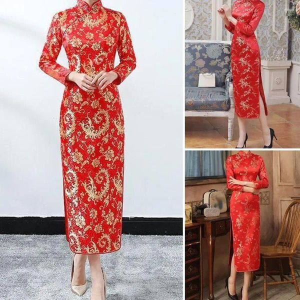 Abbigliamento etnico Slim Fit Cheongsam Abiti eleganti da donna in stile cinese per matrimoni Feste Fessure alte Forchetta lunga Classico Qipao