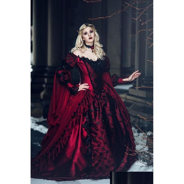 Abito da ballo Abiti da sposa Gotico Rosso e nero Medievale Rinascimentale Fantasia Maniche lunghe Vampiri vittoriani Abito celtico speciale Ocn Dhbsw