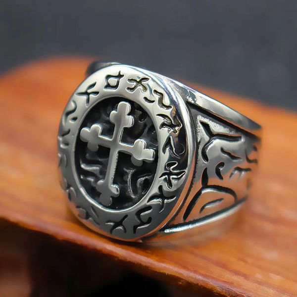 Klasik Lorraine Çapraz Yüzük Erkekler için Retro Orthodoks 14K Beyaz Altın Haç Signet Rune Ring Punk Moda Biker Takı Hediyesi