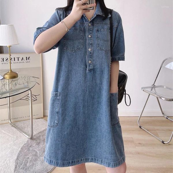 Vestidos de festa vintage polo pescoço joelho comprimento denim vestido coreano carga baggy em linha reta meia manga bolso camisas jeans verão mulheres 2024