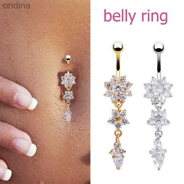 Anéis de botão de sino de umbigo 2023 nova moda sexy piercing umbigo prego corpo jóias flor pingente de cristal umbigo anéis para mulheres meninas acessórios yq240125