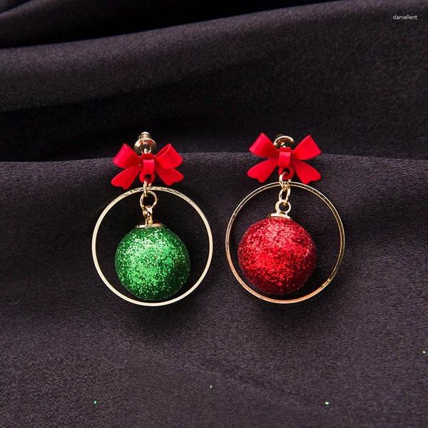Orecchini pendenti U-Magical Christmas Asimmetria Orecchino a sfera rotonda verde rosso per le donne Accessori per gioielli in metallo cavo con bowknot