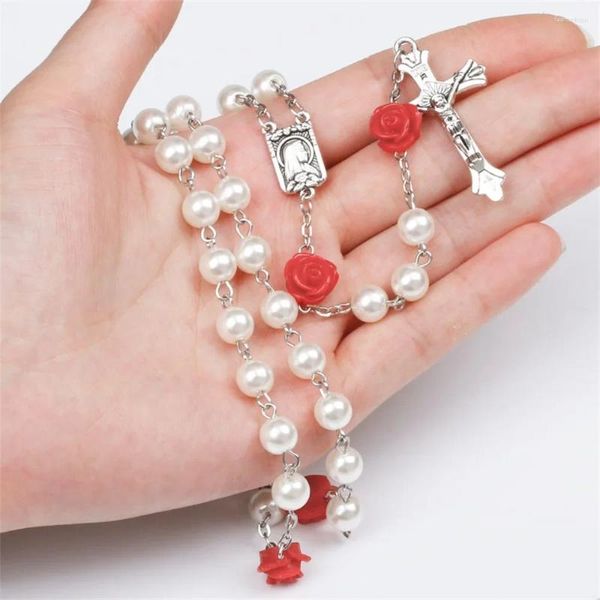 Anhänger Halsketten 6mm Glasperlen Rosenkranz Halskette für Frauen Kruzifix Kreuz INRI Lange rote Rose Kette Halsband weibliche religiöse Gebet Schmuck