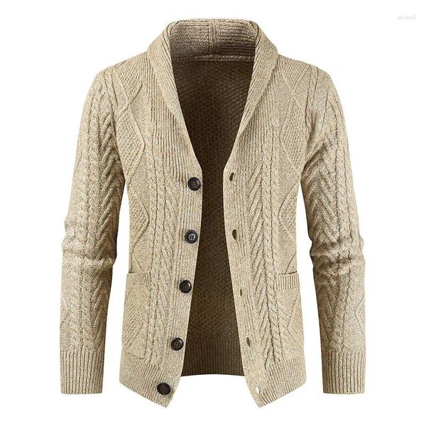 Suéter masculino de malha de crochê, suéter fashion com decote em v solto e grosso, jaqueta casual de negócios