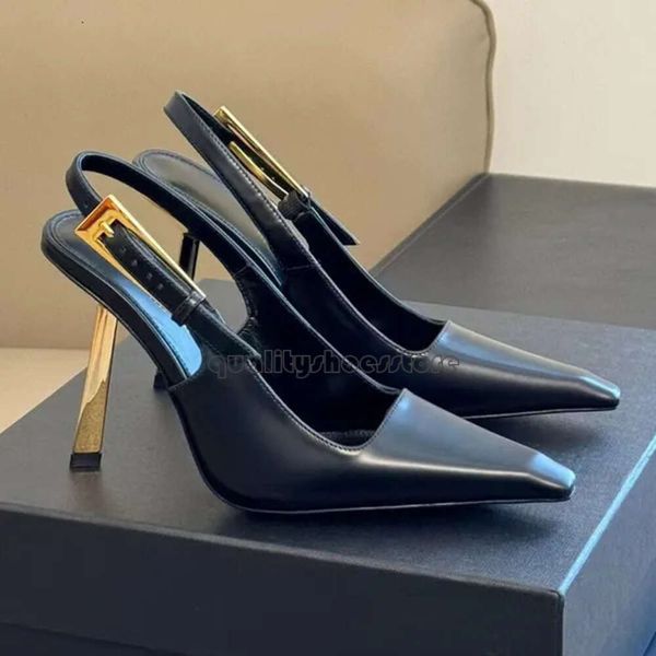 Spiegelgesichts-Slingback-Pumps aus echtem Leder für Damen, spitze Zehen, Geometrie, Stiletto-Absatz, 10 cm Schnalle, verzierte Schnür-Absätze, Modedesigner-Schuhe 157