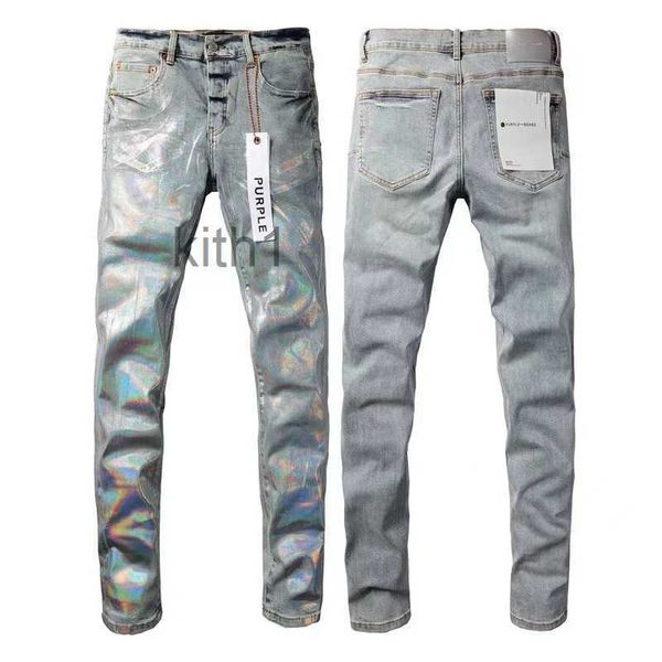 Moda Uomo Strappo Commercio Estero Jeans Azzurri Cuciture Design da Uomo Moto Equitazione Pantaloni Slim Cool Viola per Donna Rock Revival Lettera Pant 07I0