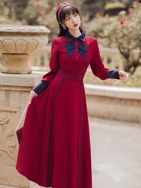 Lässige Kleider, britischer Stil, Vintage-Design, rotes Kleid, Kontrastfarbe, Puffärmel, königliche Prinzessin, Party, schlanke Damen, Herbst/Winter, Midi