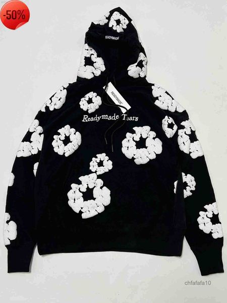 Lágrimas Suéter Jeans Hoodies Moletons Masculinos Falection Mens Readymade Flower Puff Impresso Angustiado Moletom Com Capuz Homens Pullover5aw3 EODZ