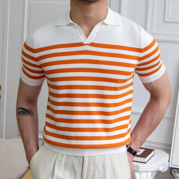 Polo da uomo Arancione a righe a contrasto Polo slim casual con risvolto T-shirt estiva in maglia Camisa Hombre Camicia britannica Mannen