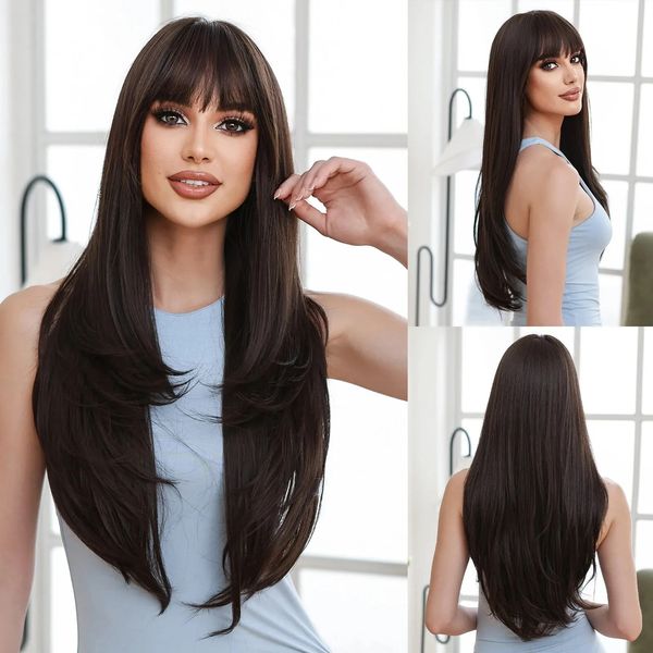 Черно-коричневый прямой парик из синтетических волос с челкой для ролевых вечеринок, повседневный парик из натурального волокна, подходящий для женщин, термостойкость 230125