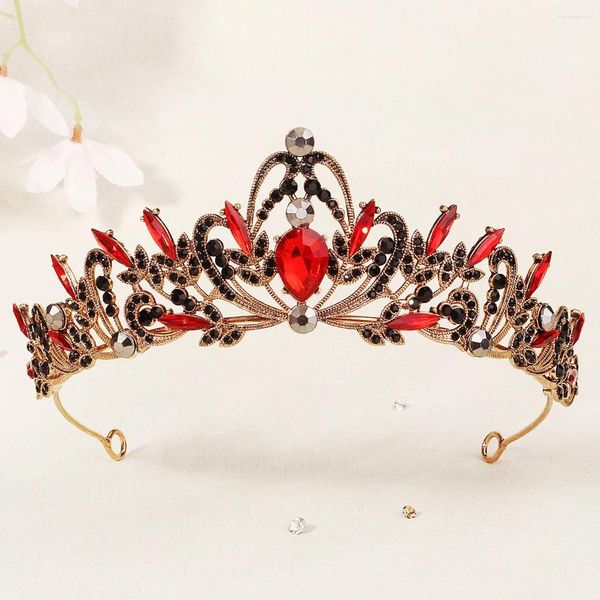 Fermagli per capelli Colore rosso Corona di cristallo Barocco Strass Ornamenti nuziali Indossare la testa Regalo per amica Accessori tiara da donna Gioielli