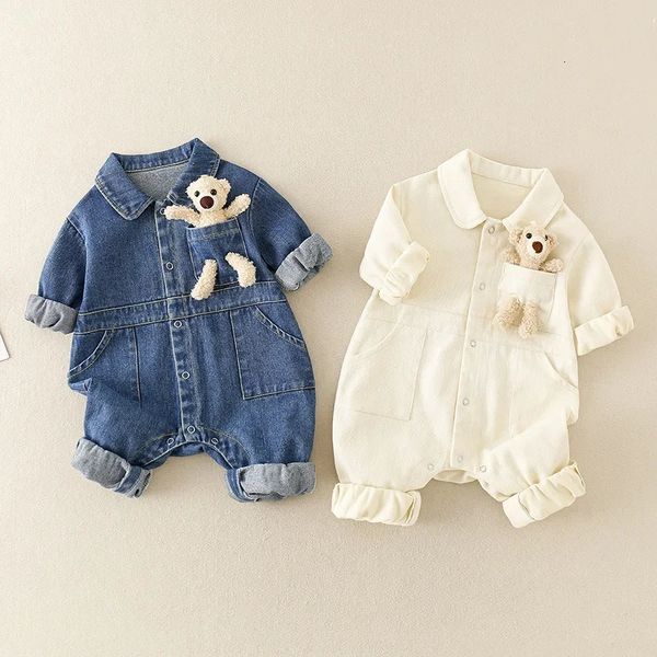 Детский джинсовый комбинезон с рисунком медведя, комбинезон для новорожденных, комбинезон для малышей, осенняя одежда для маленьких мальчиков и девочек, одежда для младенцев, одежда 240119