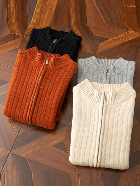 Suéter masculino de lã de alta qualidade, cardigã de outono e inverno, malha com zíper, suéter de gola alta, roupas confortáveis
