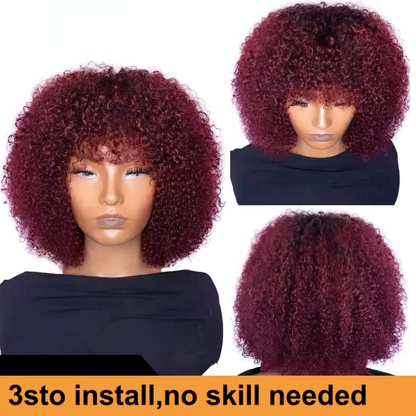 180% densidade vermelho 99j cor frente do laço perucas de cabelo humano para a mulher peruca brasileira curto bob afro kinky encaracolado peruca sintética com franja