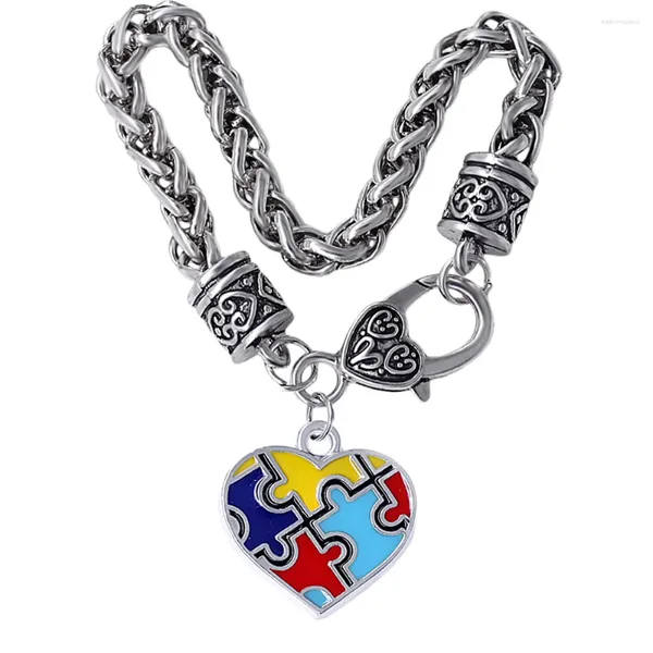 Charme pulseiras requintado esmalte em forma de coração metal autismo quebra-cabeça de trigo pulseira para presente autista jóias pulseira