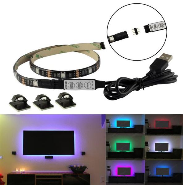 5V USB RGB LED Şeritler Hafif TV Siyah PCB Su Geçirmez 1m 30leds SMD 5050 RGB Mini Denetleyici ile Bilgisayar Kılıfı PC Arka Plan1417333