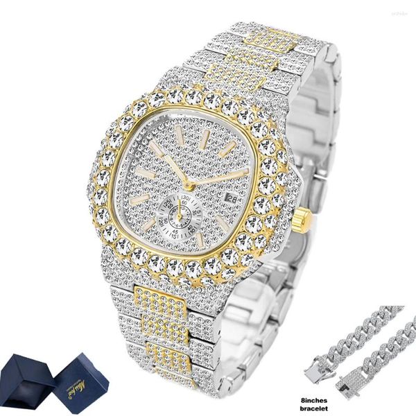 Relógios de pulso Hip Hop Iced Out Watch para Homens Luxo Totalmente Bling Diamantes Mens Relógios Quartz Relógio de Pulso À Prova D 'Água Montre Homme Luxe Diamant