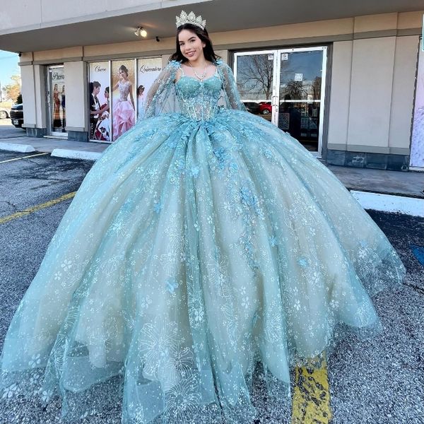 2024 Aqua Blue Sparkly Speciaal Quinceanera Kleider Applikation Schleife mit Cape 16 Jahre Mädchen Floral Lace-Up Prom Party Kleid Vestidos de 15