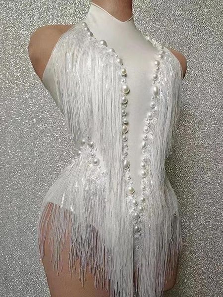 Sahne Giyim Rhinestones Sequins Pubsel Leotard Kadın Gece Kulübü Kıyafet Şarkıcı Dansçı Kostüm Seksi Doğum Günü Poshoot Bodysuit