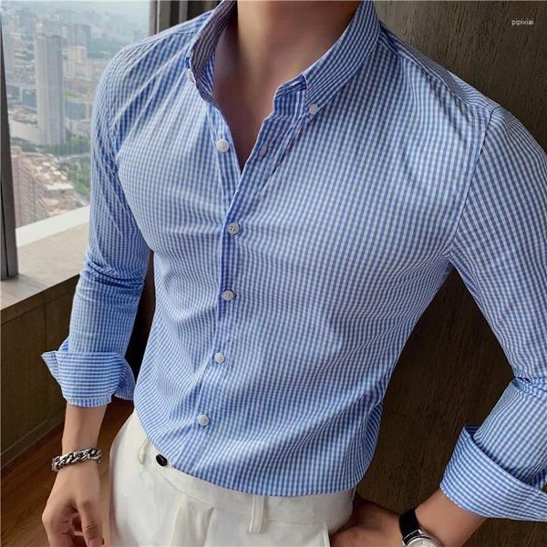 Camisas de vestido masculinas estilo britânico homens camisa xadrez 2024 de alta qualidade manga longa negócios casual listra streetwear festa social