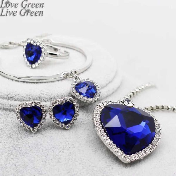 Браслет Сердце океана, голубое сердце, комплект ювелирных изделий Love Forever для женщин, ожерелье со стразами, серьги, кольцо, браслет, комплект 240125