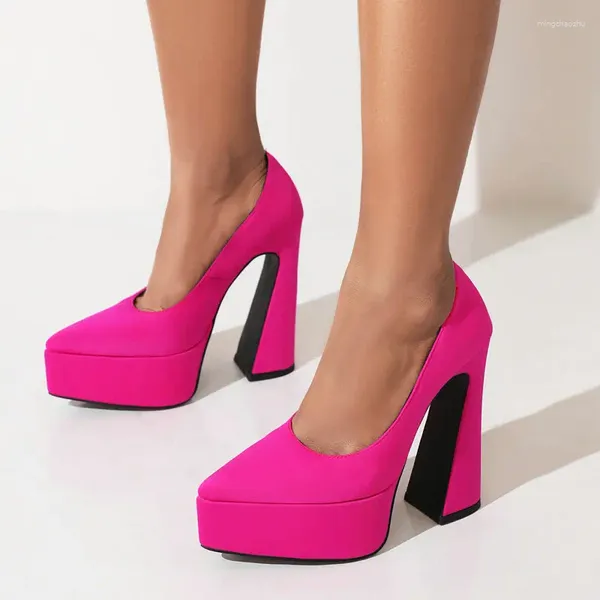 Sapatos de vestido cetim slik como tecido vamp fuschia brilhante cor rosa apontou toe sexy festa salto alto mulheres deslizamento-on plataforma stilettos