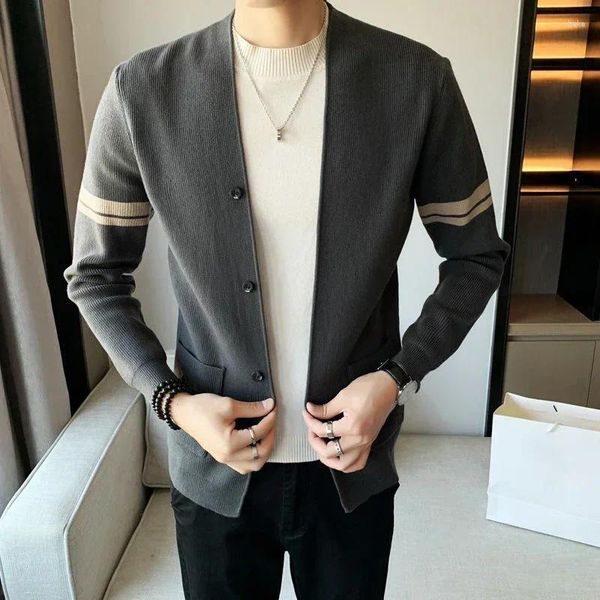 Camisolas Masculinas Roupas Sem Capuz Cardigan Com Bolsos Camisola De Malha Masculino Listrado Coreano Outono Roupas Baggy Pescoço Ordem Algodão 2024 Tops