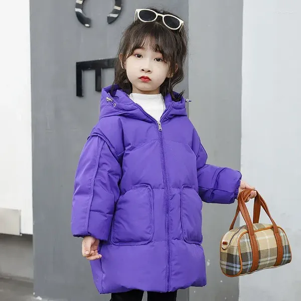 Piumino 2024 Cappotti invernali in cotone spesso per ragazze Giacche con cappuccio Capispalla per bambini Abbigliamento Bambino Media lunghezza Parka caldo Tuta da neve W98