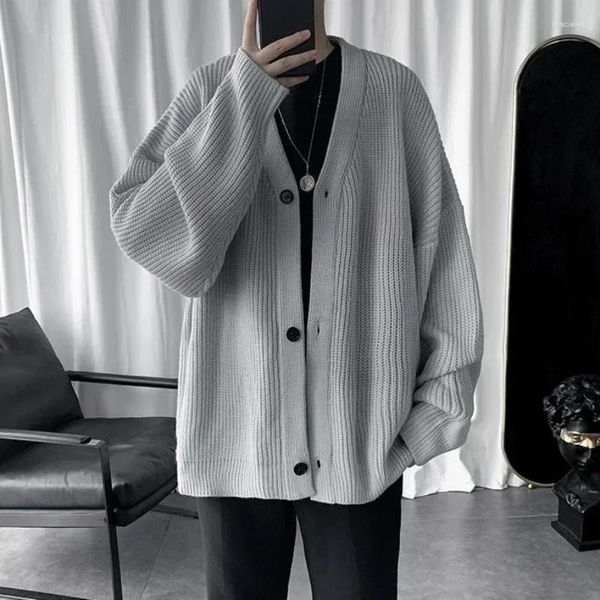 Camisolas masculinas homem roupas japonês harajuku moda de malha para homens jaqueta cardigan cor sólida casaco preto v pescoço sobre ajuste malha