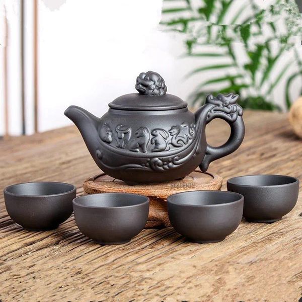 TeAware Setleri El yapımı zodyak zodiac zisha çaydanlık yixing çay potu 150ml Çin seti 4 su bardağı ile seramik çaydanlık