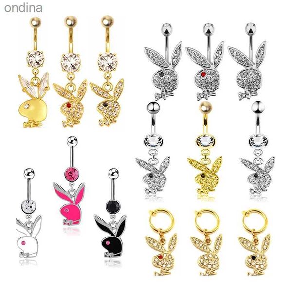 Anéis de umbigo para umbigo, 1 peça, anéis de umbigo, anéis de umbigo, cor dourada, anéis de barriga de coelho para mulheres, pedras preciosas, coelho rosa, piercing de barriga falso YQ240125