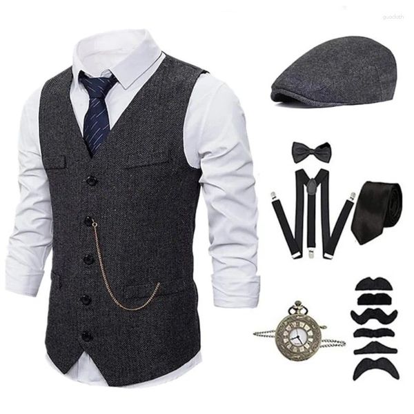 Coletes masculinos Retro 1920s Costume Gatsby Party Role Playing Prom Banquet Gentleman Hat Dressing Set