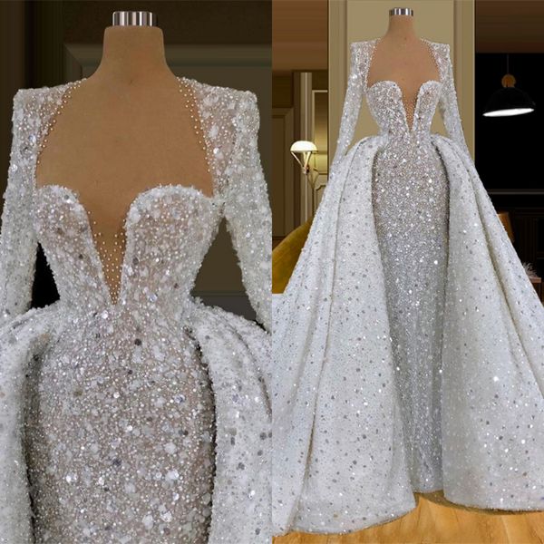 Sparking See Through Abiti da sposa a sirena Paillettes Perline Scollo a V Abiti da sposa Custom Made Dubai Treno staccabile Vestido de novia