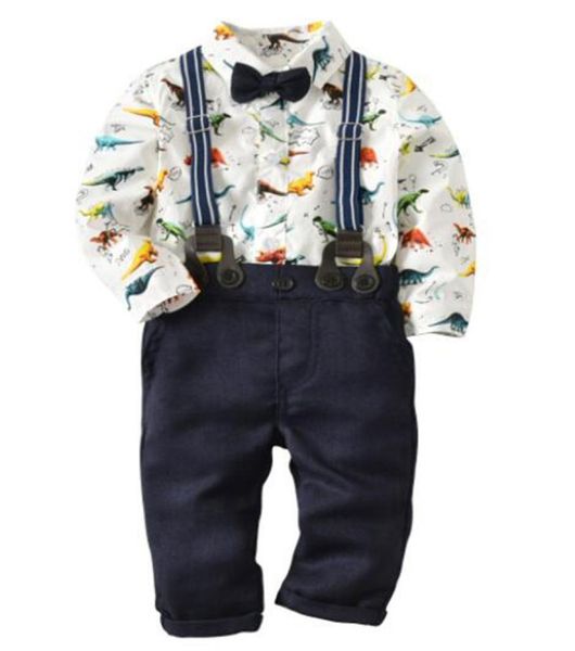 Bambino neonato ragazzi Set di abbigliamento Dinosauri Stampa manica lunga Top pagliaccetto Bretella Pantaloni Papillon 3 pezzi Vestito per bambini Vestiti per bambini1564253