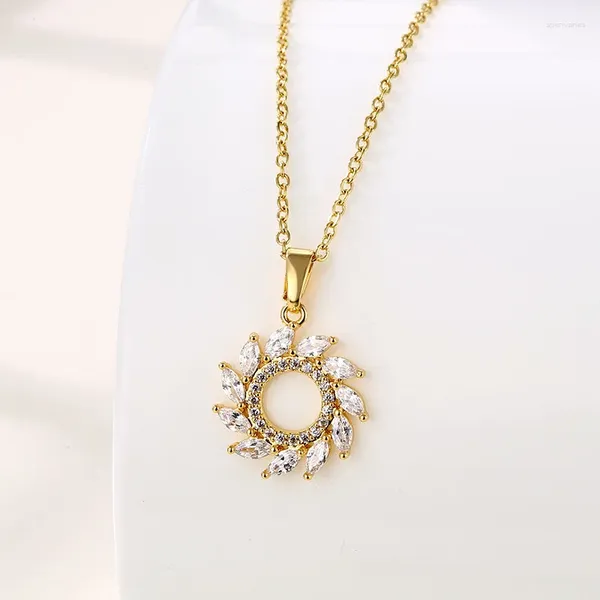 Anhänger Halsketten Edelstahl Kette Klassisch Glänzend Zirkon Sonnenblumen Halskette Für Frauen Dame Vintage Schmuck Zubehör Geschenke