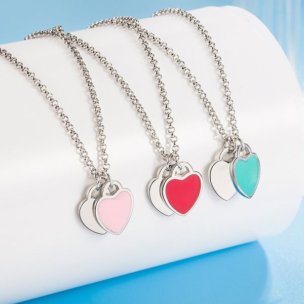 Дизайнерское ожерелье Романтическая любовь Ожерелье с подвеской в виде двойного сердца Женское красное, зеленое, розовое эмалированное ожерелье Легкие роскошные простые ювелирные изделия