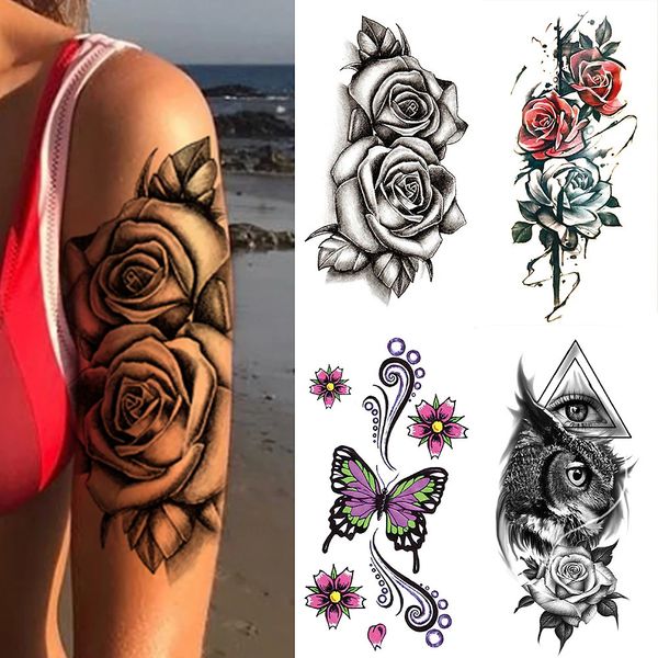 Tatuagem temporária à prova d'água adesivo 3d renda rosa flor tatuagens linha lótus arte corporal braço manga falsa tatoo mulheres homens 240122