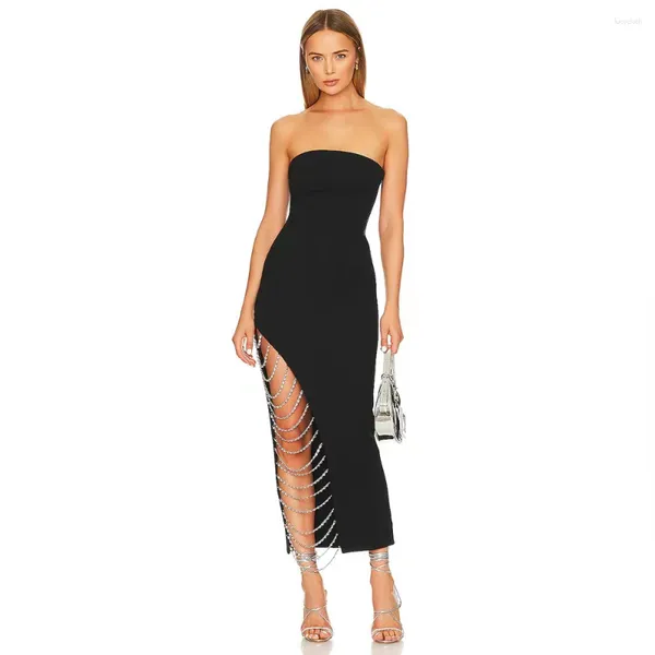 Abiti casual Nero con spalle scoperte Donna Sexy senza spalline Catena Fascia aderente Lungo Maxi a metà polpaccio Celebrare Matrimonio Festa di nozze Abito 2024