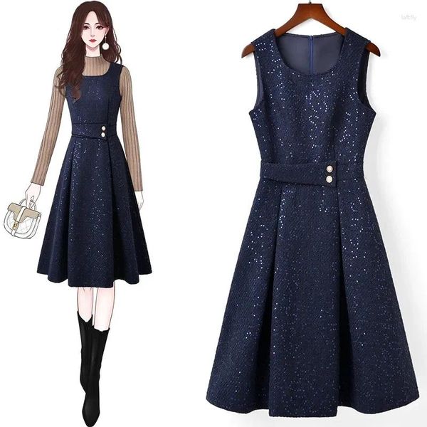 Lässige Kleider Mode Frauen Kleidung Ärmelloses Wollkleid 2024 Herbst Winter Pailletten Doppelschicht Marineblaue Weste Weste Elegant