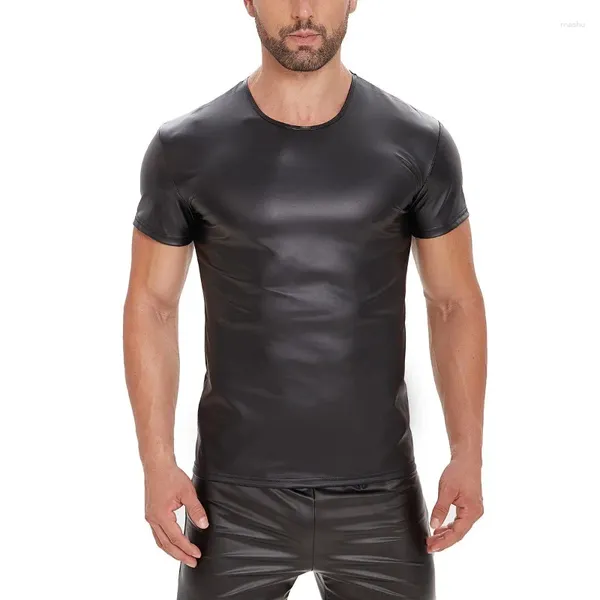 Herren T-Shirts Plus Größe 5XL Männer Stretch PU Leder Kurzarm Top T-Shirt Wet-Look Slim Bar Stage Performance Tee Männlich