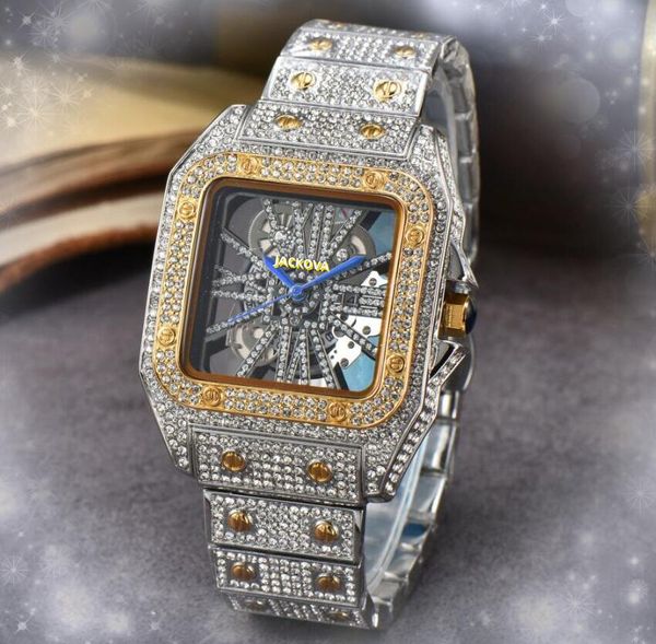 Хип-хоп Iced Out Мужские часы Skey Starry Hollow Skeleton Dial Watch с квадратным бриллиантом Кольцо Кварцевые мужские золотые серебряные часы-браслет с ремешком из нержавеющей стали Montre De Luxe Gifts