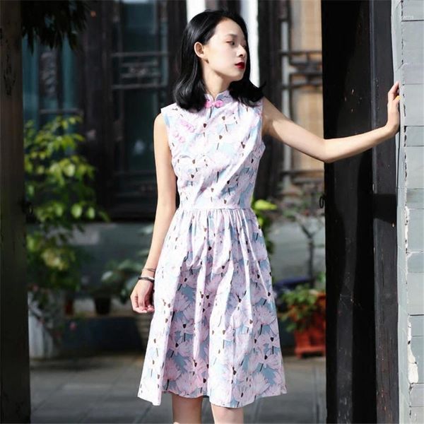 Sıradan Elbiseler 2024 Bahar Vintage Lotus Baskı Geliştirilmiş Cheongsam Erkek Kızlar Taze Sanat Tarzı Elbise İnce Moda Mizaç Partisi